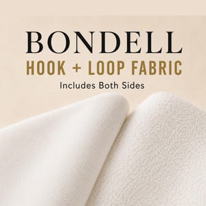 Peut inclure: Tissu auto-agrippant Bondell blanc, présentant deux textures distinctes. Le texte sur l'image indique : BONDELL HOOK + LOOP FABRIC Includes Both Sides. Le tissu est présenté en deux morceaux, l'un avec une surface lisse et l'autre texturée.