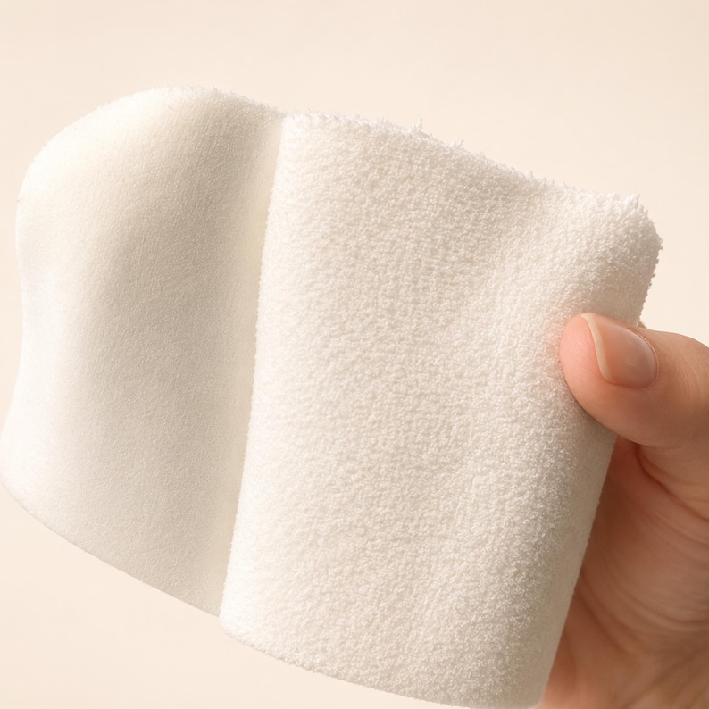 May include: A white rectangular cloth with two distinct textures. One side features a smooth, flat surface, while the other side has a soft, looped terry fabric texture. The cloth is folded over to display both sides of the white material clearly.