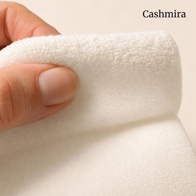 May include: A soft, off-white fabric with a dense, fuzzy texture being held. The word Cashmira is printed in black in the upper right corner. The material appears thick and plush, showing a folded edge that highlights the pile of the textile.