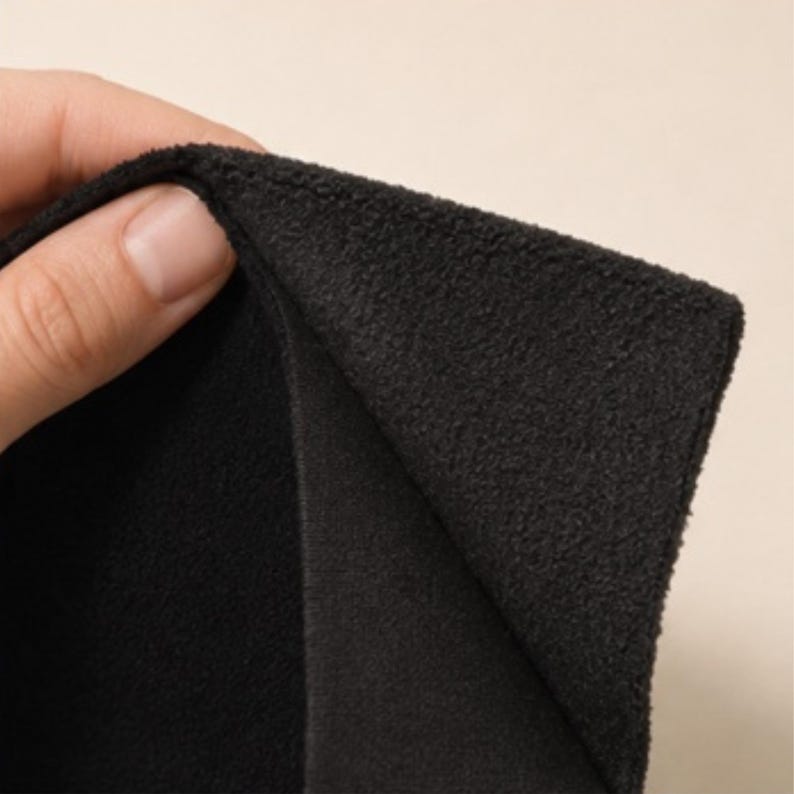 May include: A piece of black fabric with a soft, fuzzy, fleece-like texture on one side and a smooth, matte finish on the other. The material is folded over to reveal both the textured exterior and the solid black interior lining.
