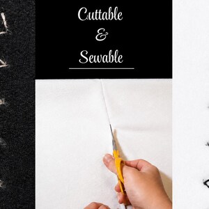 May include: A composite image showing white zigzag stitching on black fabric, yellow scissors cutting white fabric, and black zigzag stitching on white fabric. The text "Cuttable & Sewable" is centered at the top of the middle section.