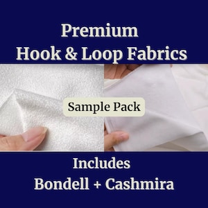 May include: A sample pack of premium hook and loop fabrics, including Bondell and Cashmira. The image shows close-ups of the white fabric, with the text "Sample Pack" in a cream-coloured rectangle.