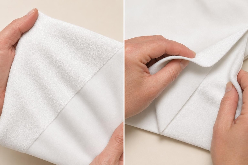 May include: A white fabric with two distinct textures, featuring a smooth, matte side and a contrasting soft, fuzzy, fleece-like side. The material is shown folded to display the difference between the two surfaces, highlighting the textile's dual-sided construction and clean, bright white color.