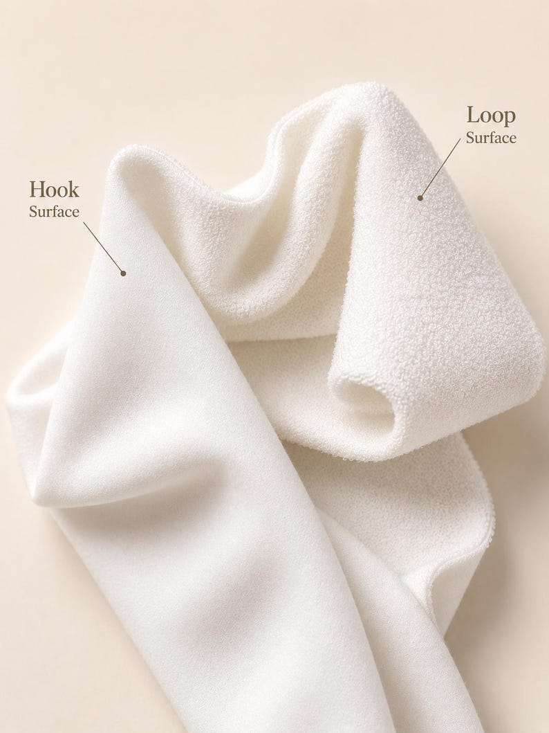 May include: A white fabric strip featuring two distinct sides: a hook surface with a dense, textured pile and a loop surface with a softer, fuzzy texture. The material is folded to display both sides, with labels pointing to the hook and loop surfaces.