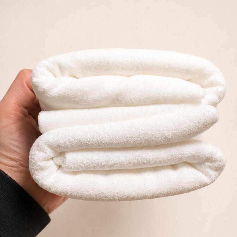 May include: A folded white towel with a soft, plush, and textured surface. The fabric appears thick and absorbent, featuring a consistent, clean white color throughout the entire piece. The towel is neatly layered in multiple horizontal folds.