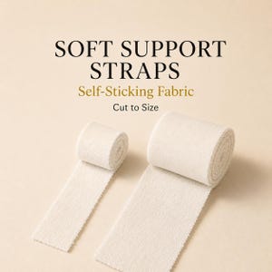May include: Two rolls of off-white self-sticking fabric tape for support straps. The text reads SOFT SUPPORT STRAPS, Self-Sticking Fabric, and Cut to Size. The fabric has a textured, soft appearance and is presented in two different widths.