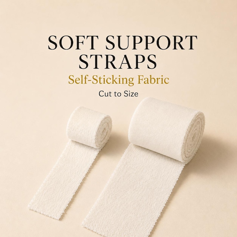 May include: Two rolls of off-white self-sticking fabric tape for support straps. The text reads SOFT SUPPORT STRAPS, Self-Sticking Fabric, and Cut to Size. The fabric has a textured, soft appearance and is presented in two different widths.