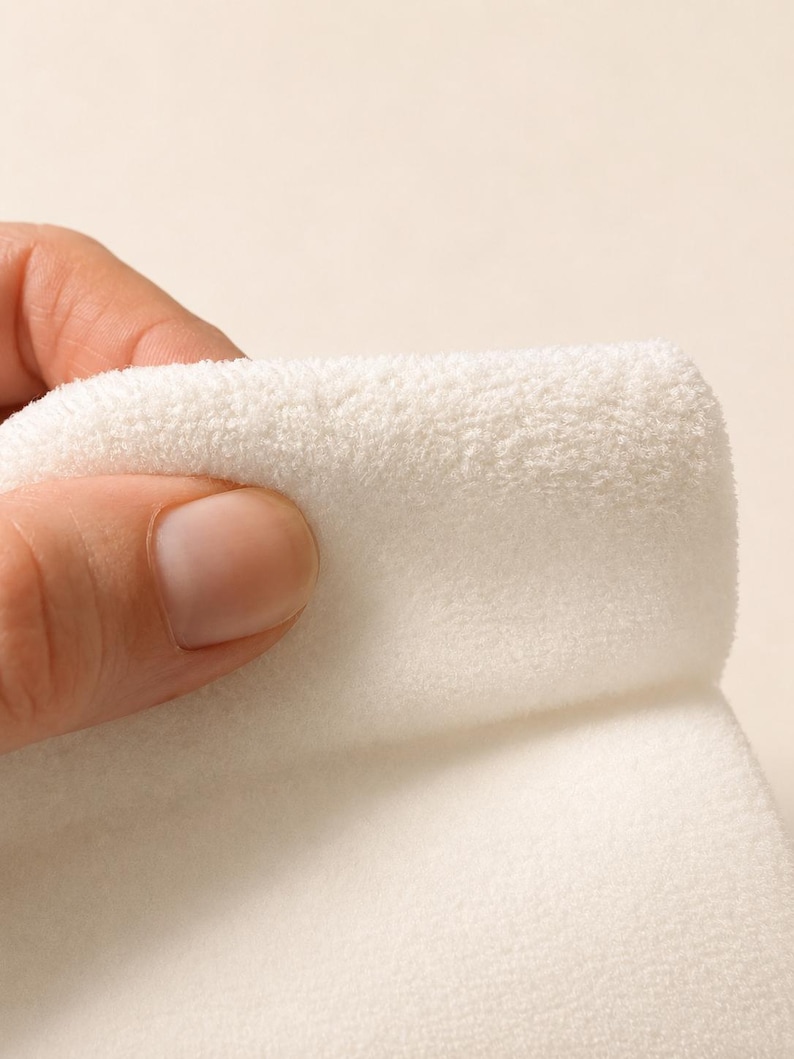 May include: A piece of white fabric with a soft, plush, and fuzzy texture. The material is folded over, revealing a thick, dense pile surface that appears uniform in colour and texture throughout the visible portion of the textile material.