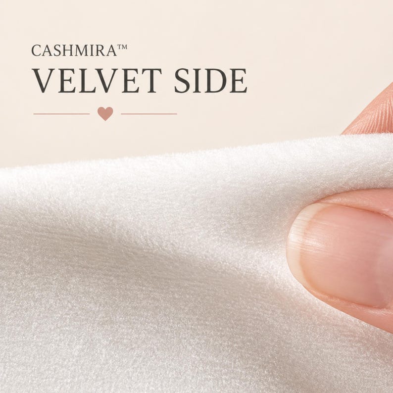 May include: A close-up of white velvet fabric with a soft, dense texture. The text CASHMIRA VELVET SIDE is printed in dark grey above the fabric, accompanied by a small heart icon centred between two horizontal lines, indicating the material surface.