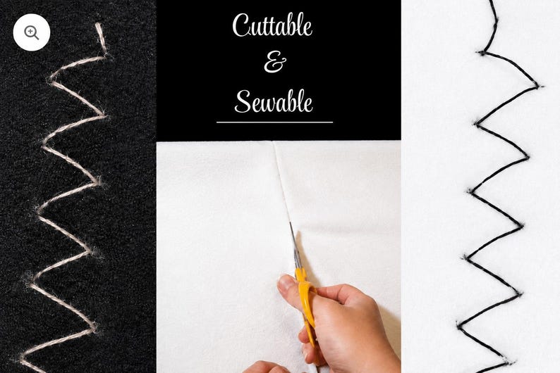 May include: A composite image showing white zigzag stitching on black fabric, yellow scissors cutting white fabric, and black zigzag stitching on white fabric. The text "Cuttable & Sewable" is centered at the top of the middle section.