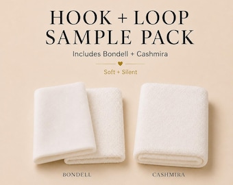 May include: A Hook + Loop Sample Pack featuring two white fabric swatches labeled Bondell and Cashmira. The text reads Hook + Loop Sample Pack, Includes Bondell + Cashmira, and Soft + Silent. The swatches have a soft, textured appearance.