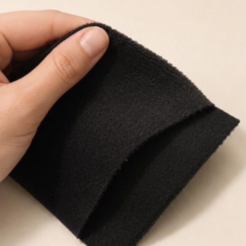 May include: A small, square-shaped black fabric pouch with a soft, fuzzy, and textured surface. The item features a simple folded design with an open top edge, showcasing a deep black color and a consistent, dense, and matte textile material.