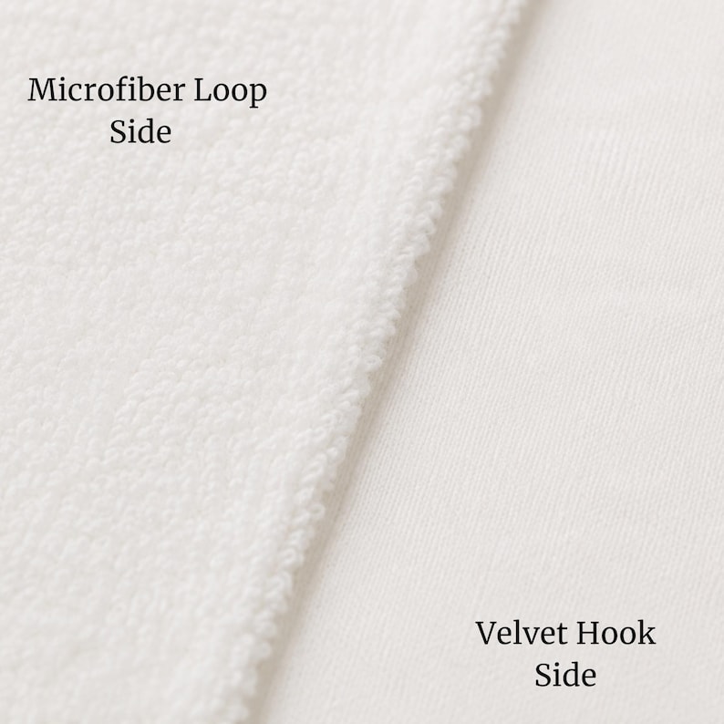 May include: A white fabric material showing two distinct textures side by side. The left section is labeled Microfiber Loop Side and features a textured, looped surface. The right section is labeled Velvet Hook Side and has a smooth finish.