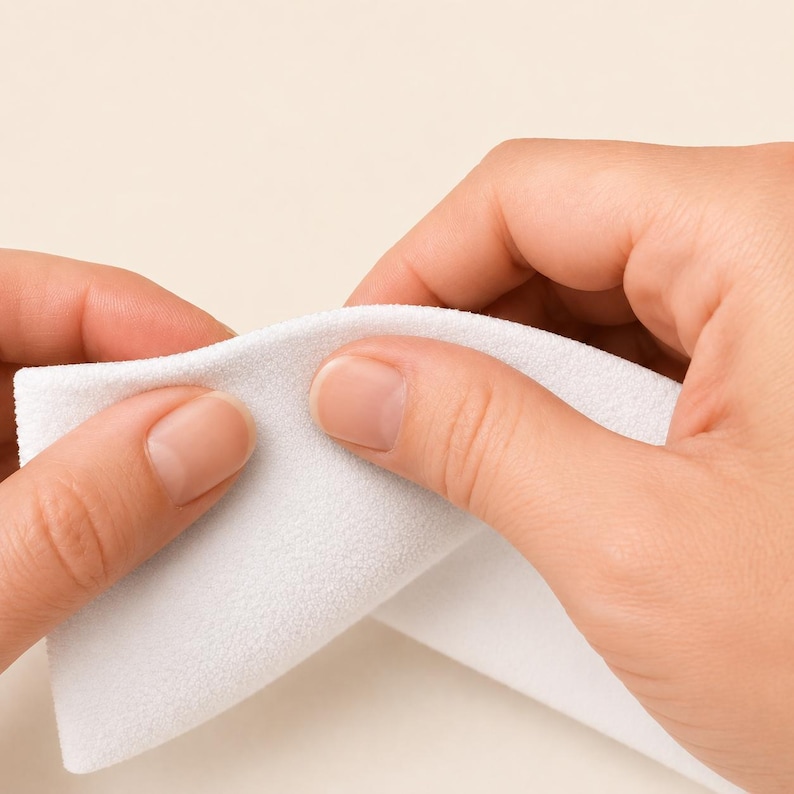 May include: A rectangular piece of white fabric with a fine, textured surface. The material appears soft and pliable, held between fingers to demonstrate its flexibility and matte finish. The fabric is opaque, clean, and uniform in color.