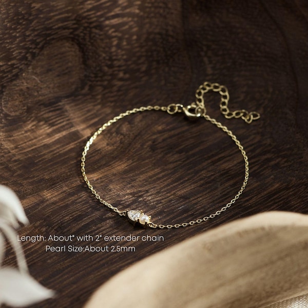 Minimalistische parelarmband met CZ-diamant, kleine 14K vergulde bruidsarmband, huwelijkssieraden, cadeau bruidsmeisje, afstudeercadeau voor haar