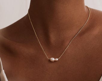 14K Gold Plated Freshwater Pearl Necklace, Minimalist 2 Pearls Necklace, Wedding Pearl Necklace, Christmas Gift for Her, Bridesmaid Gift