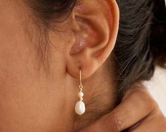 Dainty Freshwater Pearl Drop Earrings, 2 Pearls Earrings, Daily Gold Earrings, Wedding Jewellery, Bridesmaid Gift, Mothers Day Gift for Her