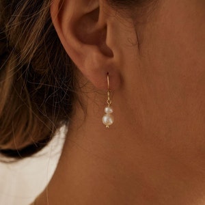 Dainty Freshwater Pearl Drop Earrings, Two Pearl Earrings, Statement Earrings, Wedding Earrings for Brides, Bridesmaid Gift,Mothers Day Gift