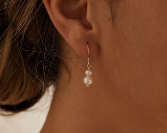 Zierliche Süßwasser Perle Tropfen Ohrringe, Zwei Perlen Ohrringe, Statement Ohrringe, Hochzeit Ohrringe für Bräute, Brautjungfer Geschenk,Muttertagsgeschenk