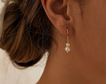 Dainty Freshwater Pearl Drop Earrings, Two Pearl Earrings, Statement Earrings, Wedding Earrings for Brides, Bridesmaid Gift, Gift for Her
