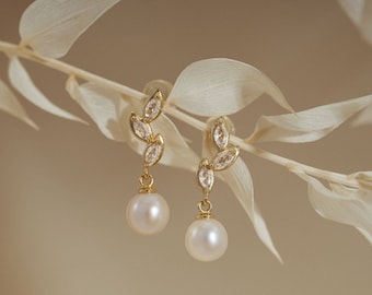 Freshwater Pearl Drop Earrings with Diamond, Bridal Earrings, Wedding Earrings, Pearl Jewellery, Bridesmaid Gift, Birthday Gift for Her