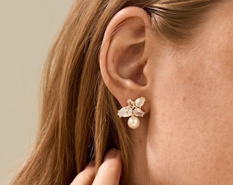 CZ Diamond Pearl Stud Earrings, Freshwater Pearl Earrings,Bridal Earrings,Wedding Earrings,Crystal Earrings, Bridesmaid Gift, Gift for Mom