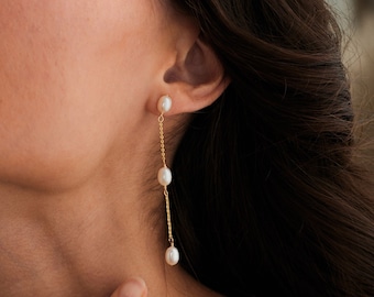 Bridal Pearl Earrings, Long Pearl Earrings, Gold Pearl Earrings, Pearl Dangle Earrings, Wedding Earrings, Pearl Jewellery, Bridesmaid Gift