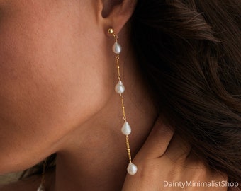 Freshwater Pearl Drop Earrings with Satellite Chain, Dangle Earrings, Long Pearl Earrings, Wedding Earrings, Pearl Jewellery,Bridesmaid Gift