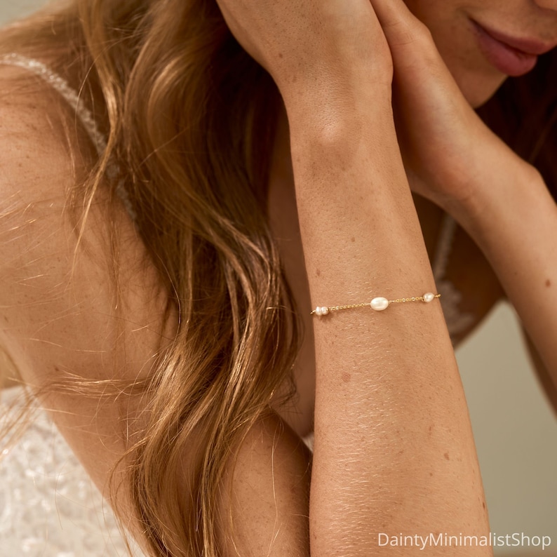 Bracelet de perles fines, bracelet de vraies perles d'eau douce, bracelet de mariée en or, bracelet simple, bijoux de mariage, cadeau de fête des mères image 8