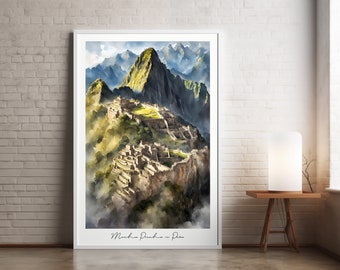 Machu Picchu in Peru watercolor art print and poster, watercolour prints, Farmhouse Wall Art, DIGITAL DOWNLOAD, Wall Art, Digital Print