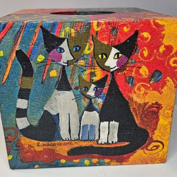 Boîte à mouchoirs décorée selon la technique de serviettage - Rosina Wachtmeister, chats, cube, Cache-boîte à mouchoirs, Couleurs : orange, bleu, Verrouillable