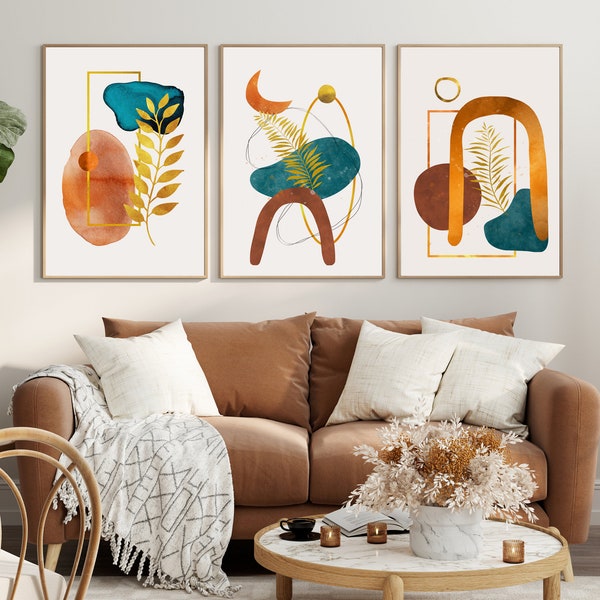 Boho wall art in a set of 3 Mid Century Modern by AI pictures as modern minimalist art for living room Home Decor Boho wall decoration