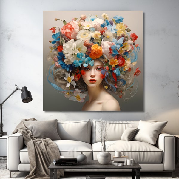 Wandbild Frau mit Blumen im Haar Wohnzimmer Home Decor Fantasy Bild