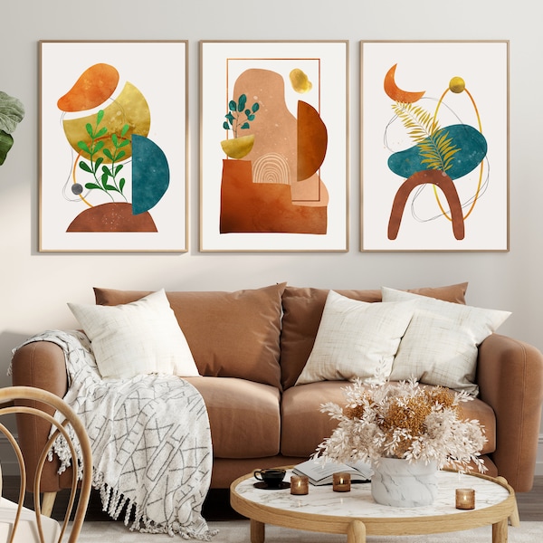 Boho wall art in a set of 3 as Mid Century Modern by AI pictures as modern minimalist art for living room home decor Boho wall decoration