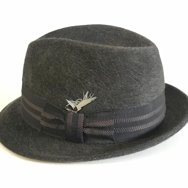 Vintage Royal Stetson Fedora Hat w/ Feather Canadian Fur 40s 50s Dark Gray Charcoal