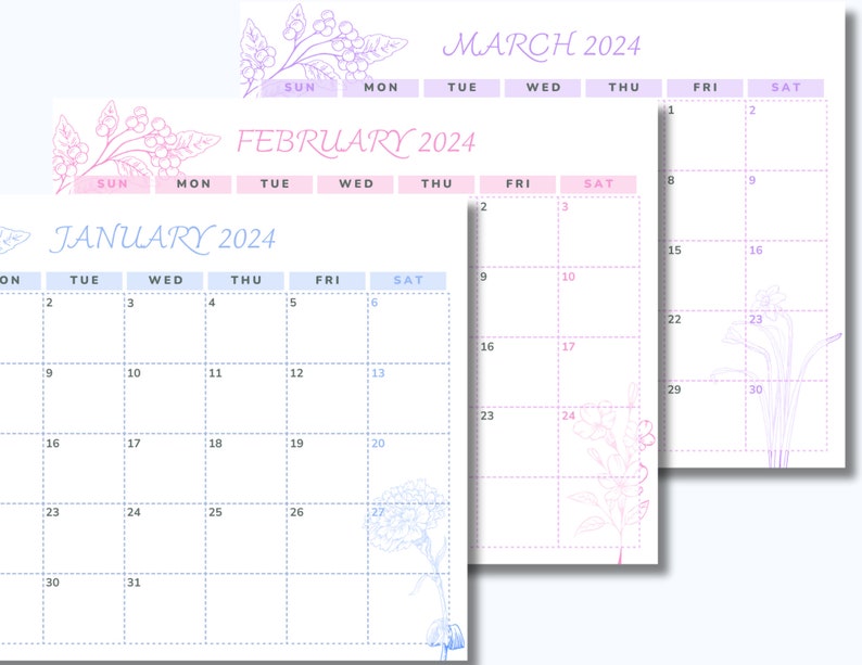 2024 Printable Flower Calendar Landscape, Birth Month Flower Calendar