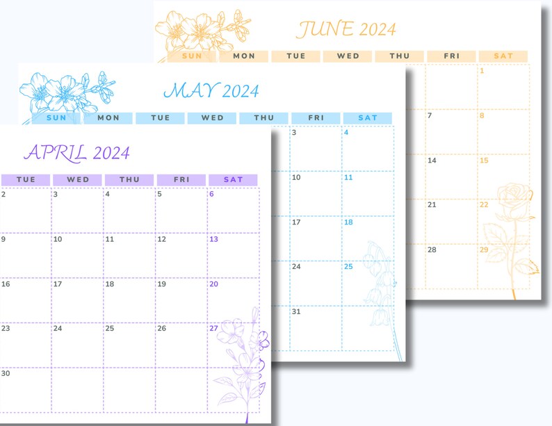 2024 Printable Flower Calendar Landscape, Birth Month Flower Calendar