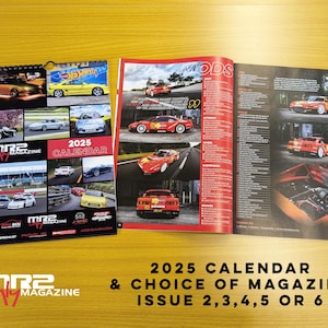 May include: A 2025 calendar featuring a red sports car and the text "MR2 Only Magazine". The calendar is open to show the month of January. The magazine is open to show a page with the word "MODS" and a photo of a red sports car.