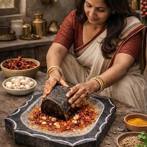 May include: A woman grinds spices using a stone mortar and pestle. The image shows bowls of ingredients, including garlic, chillies, and turmeric. The woman is wearing a white sari with a red blouse and gold bangles.