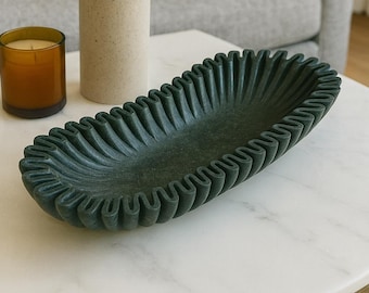 Green Marble Scalloped Bowl: Handcrafted Stone Centerpiece