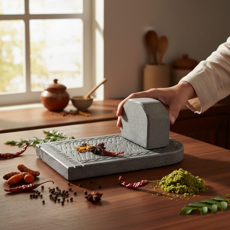 May include: A gray stone mortar and pestle set with a rectangular base and a rounded pestle. Spices, including red chilies, turmeric, and star anise, are arranged on the wooden surface. A hand is holding the pestle.