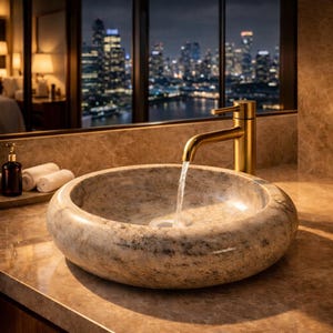Elegant marble sink with a city night view background, creating a high-end luxury bathroom atmosphere. Ideal for premium interiors, hotel projects, and modern homes. Adds sophistication and style to any space.