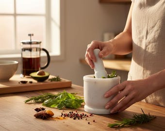 Handmade White Marble Mortar and Pestle | Kitchen Spice Grinder