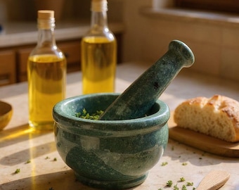 Handmade Green Marble Mortar and Pestle: Spice Herb Crusher