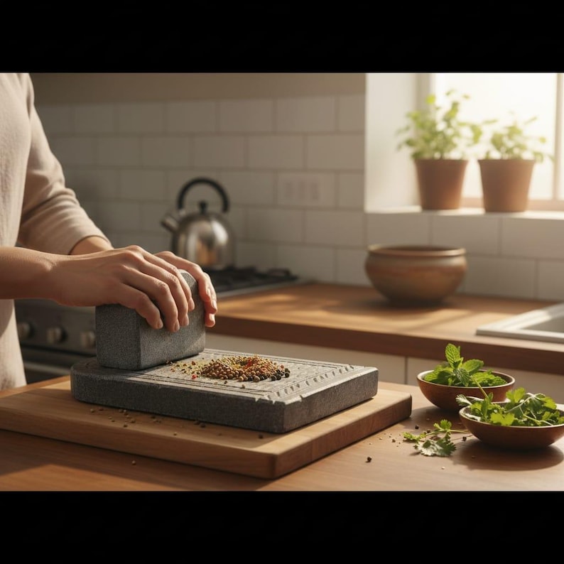 May include: A gray stone mortar and pestle set on a wooden cutting board. The pestle is being used to grind spices. Two small wooden bowls with herbs are in the background, along with potted plants and a stainless steel kettle.