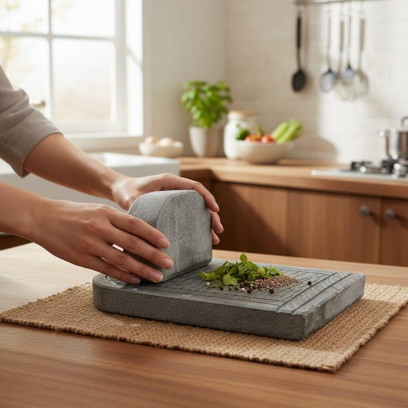 May include: A gray granite mortar and pestle set on a rectangular base, with fresh herbs and spices. The mortar is being used on a wooden countertop, with a woven mat underneath.