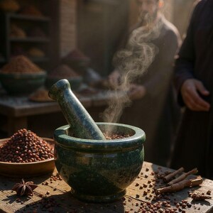 May include: A green marble mortar and pestle with spices, steam rising from the bowl. Spices are scattered on a wooden table, with a bowl of spices and star anise nearby. The scene evokes a spice market.