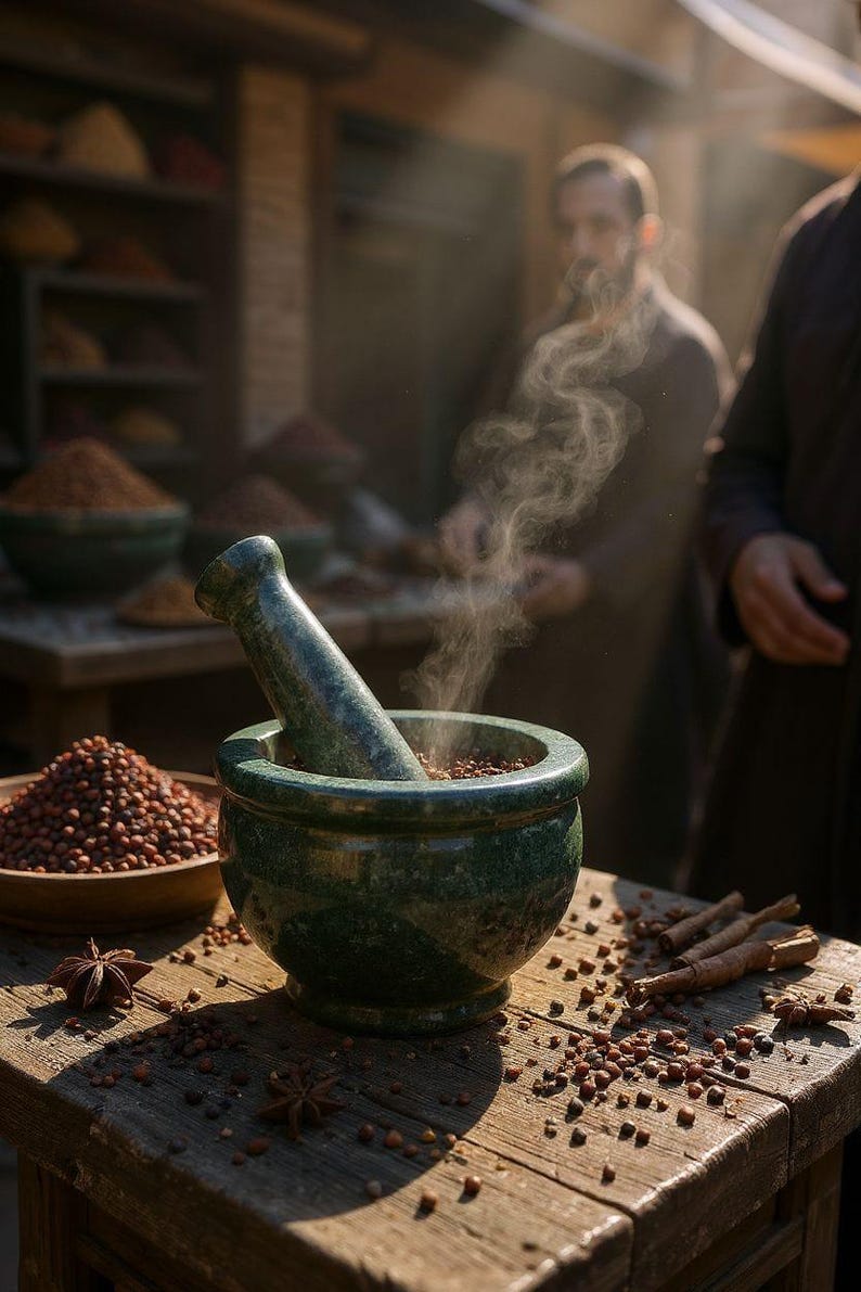 May include: A green marble mortar and pestle with spices, steam rising from the bowl. Spices are scattered on a wooden table, with a bowl of spices and star anise nearby. The scene evokes a spice market.