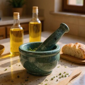 May include: A green marble mortar and pestle set with fresh herbs inside, alongside two bottles of oil and a wooden spoon. A loaf of bread sits on a wooden cutting board. The scene is set on a kitchen countertop.