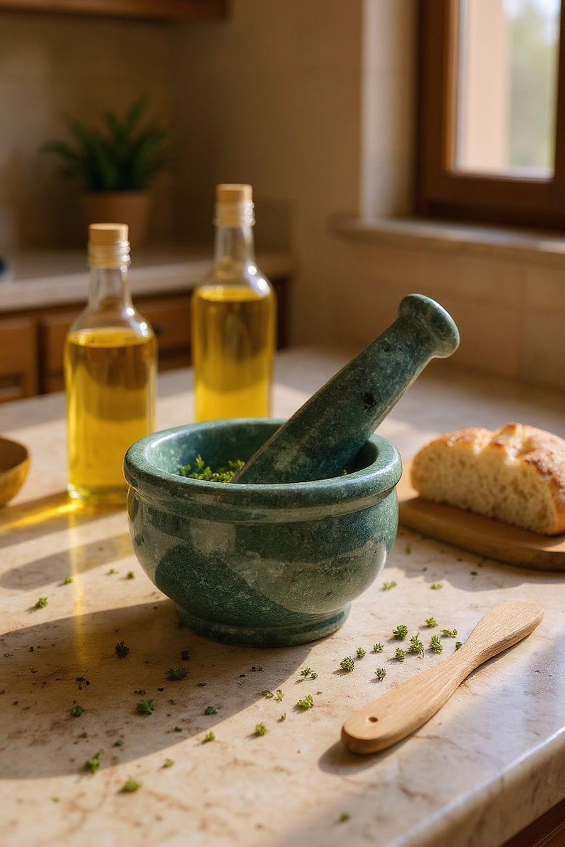 May include: A green marble mortar and pestle set with fresh herbs inside, alongside two bottles of oil and a wooden spoon. A loaf of bread sits on a wooden cutting board. The scene is set on a kitchen countertop.